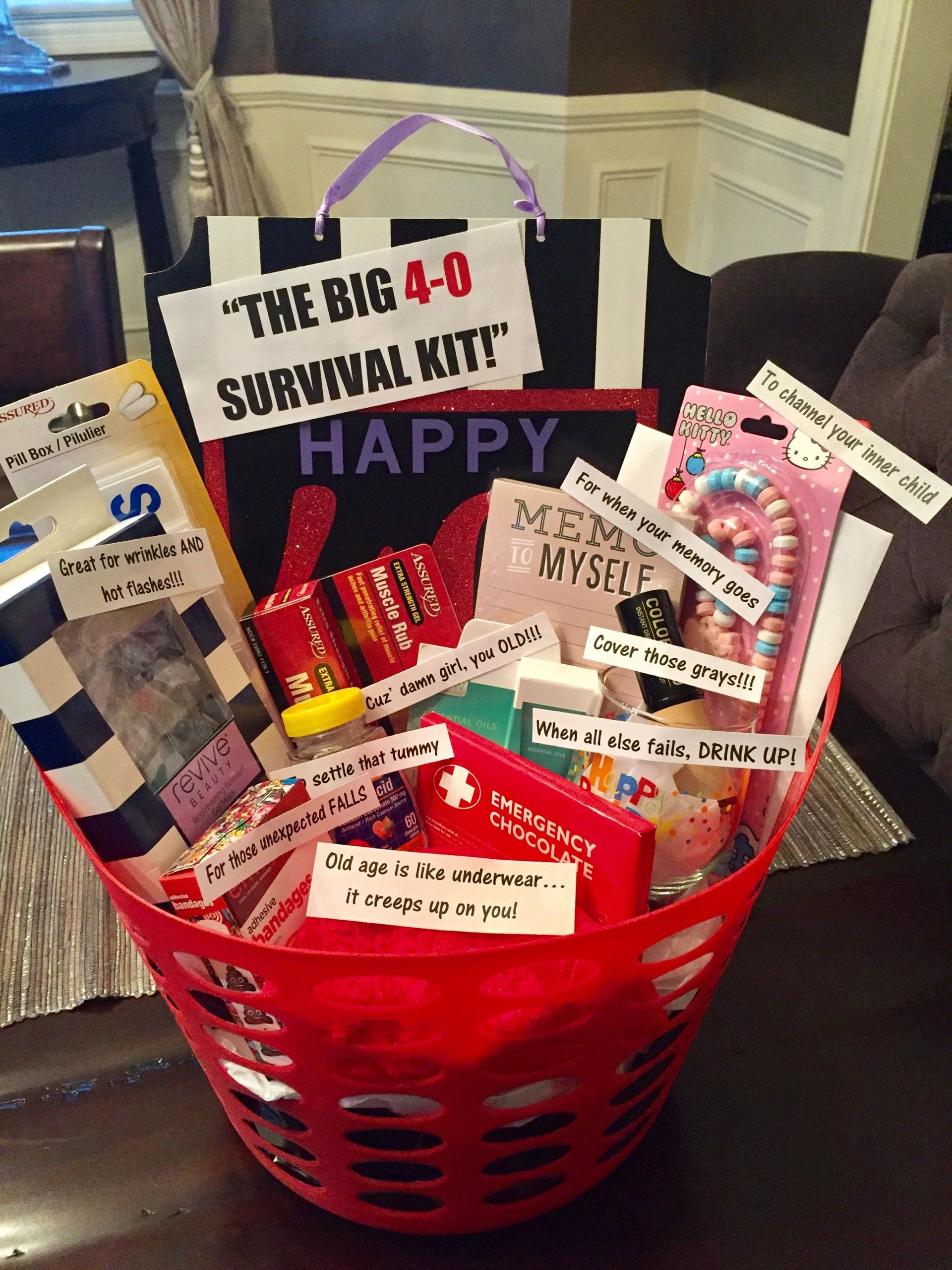 40th Birthday Gifts
 40th birthday survival kit for a woman most things from