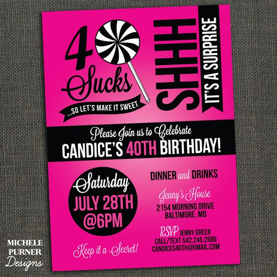 40th Surprise Birthday Invitations
 Items similar to 40 SUCKS Birthday Invitation surprise