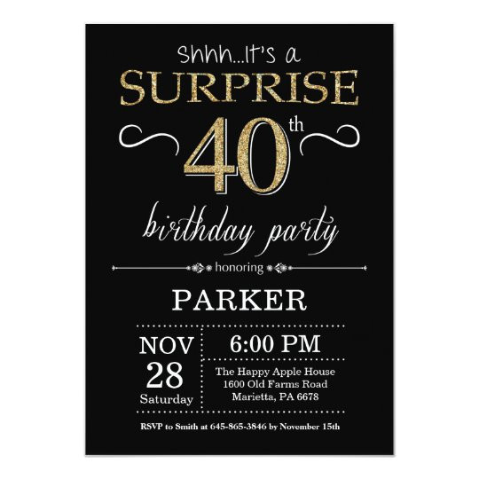 40th Surprise Birthday Invitations
 Surprise 40th Birthday Invitation Black and Gold