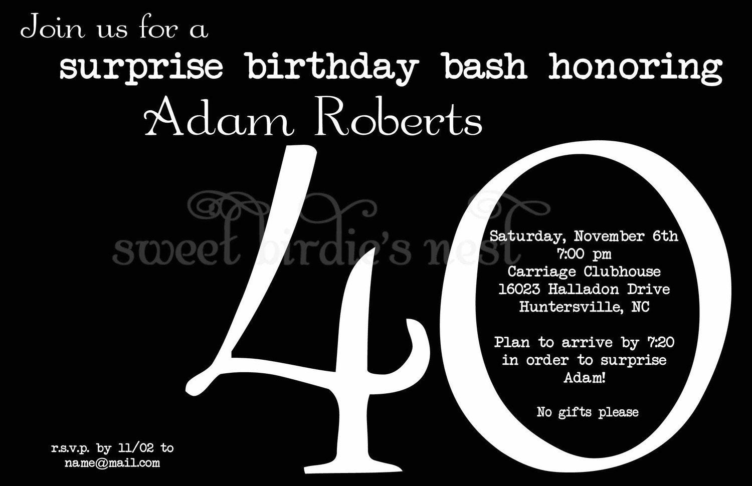 40th Surprise Birthday Invitations
 Black and White 40th birthday invitations by sweetbir snest
