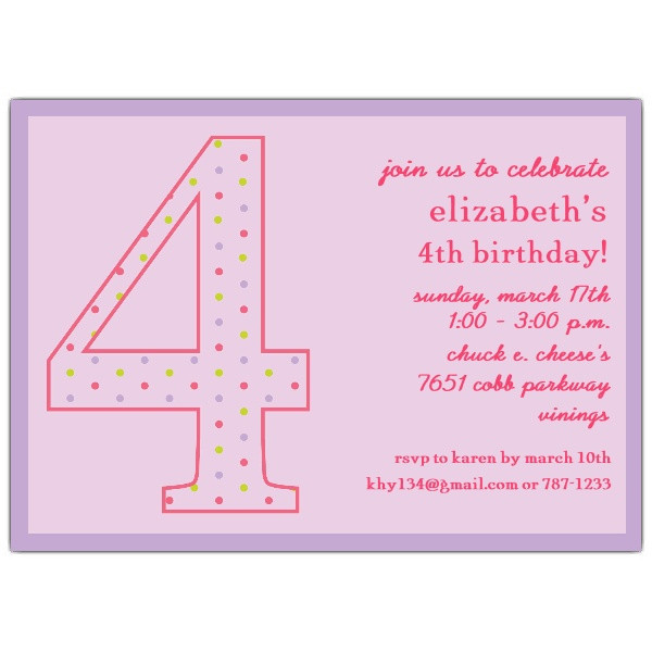 4th Birthday Party Invitation Wording
 4th Birthday Girl Dots Invitations