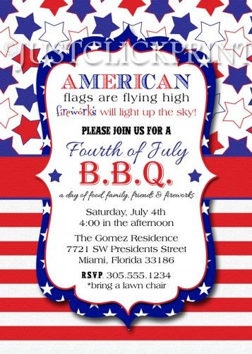 4th Birthday Party Invitation Wording
 4th of July BBQ Red White Blue Fourth of July Printable