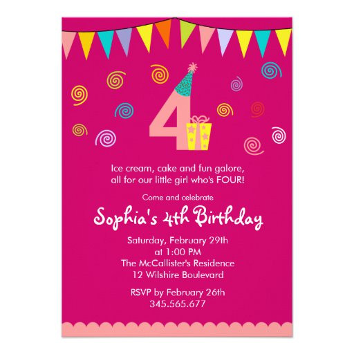 4th Birthday Party Invitation Wording
 4th Birthday Girl s Cute Pink Party Invitation 4 5" X 6 25