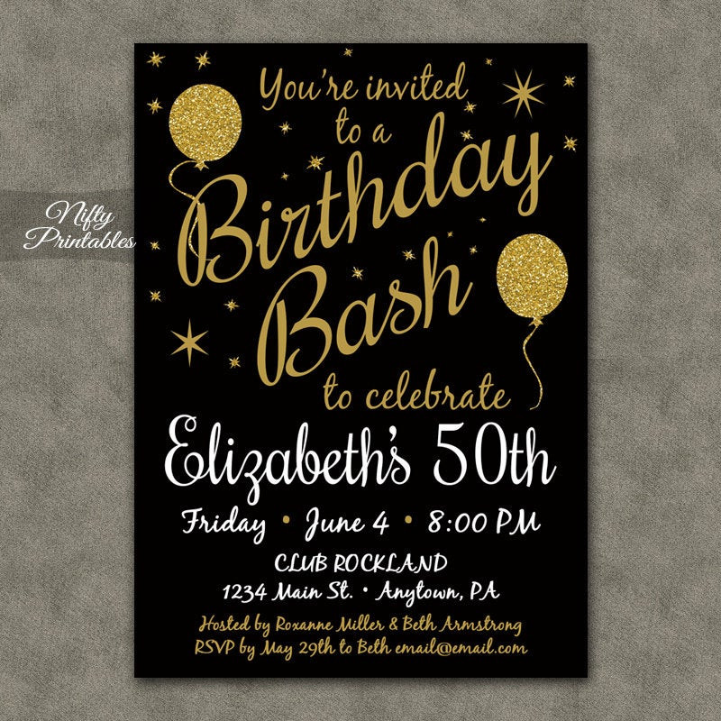 50th Birthday Party Invitation Template
 50th Birthday Invitation Printable 50 Black Gold Glitter