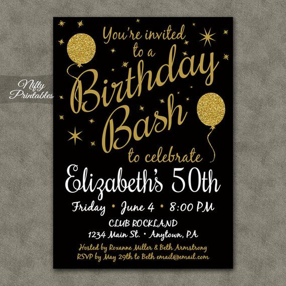 50th Birthday Party Invitations Ideas
 50th Birthday Invitation Printable 50 Black Gold Glitter