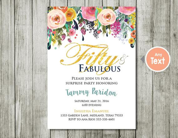 50th Birthday Party Invitations Ideas
 flower water color 50th Birthday Invitation for by ABCSongShop