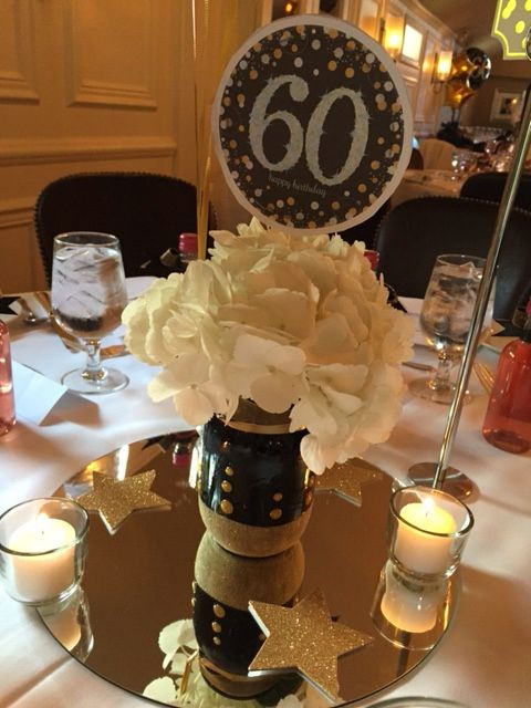 60th Birthday Decorating Ideas
 60th birthday party centerpiece in black and gold