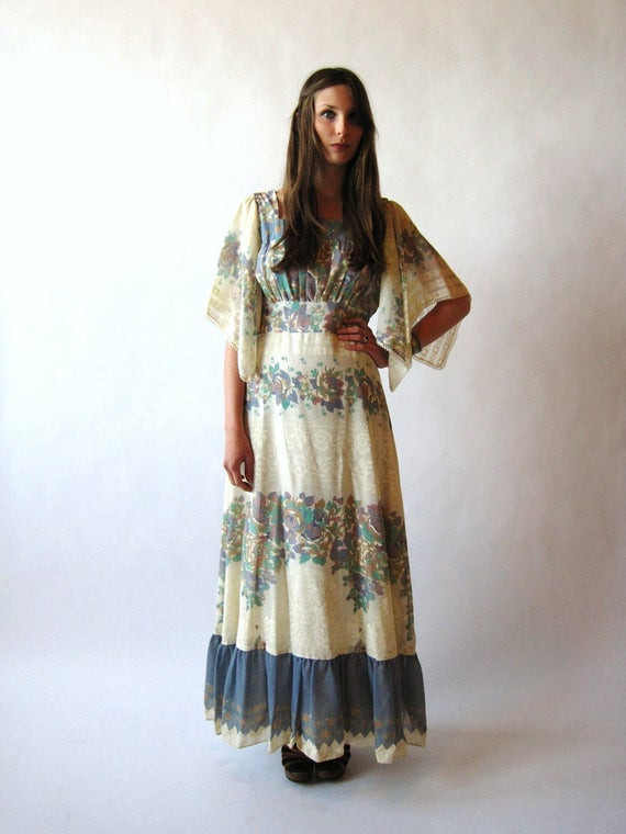 70S Flower Child Fashion
 vintage 70s 1970s maxi dress bell sleeve hippie by