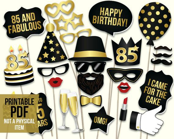 85th Birthday Decorations
 85th birthday photo booth props printable PDF Black and gold
