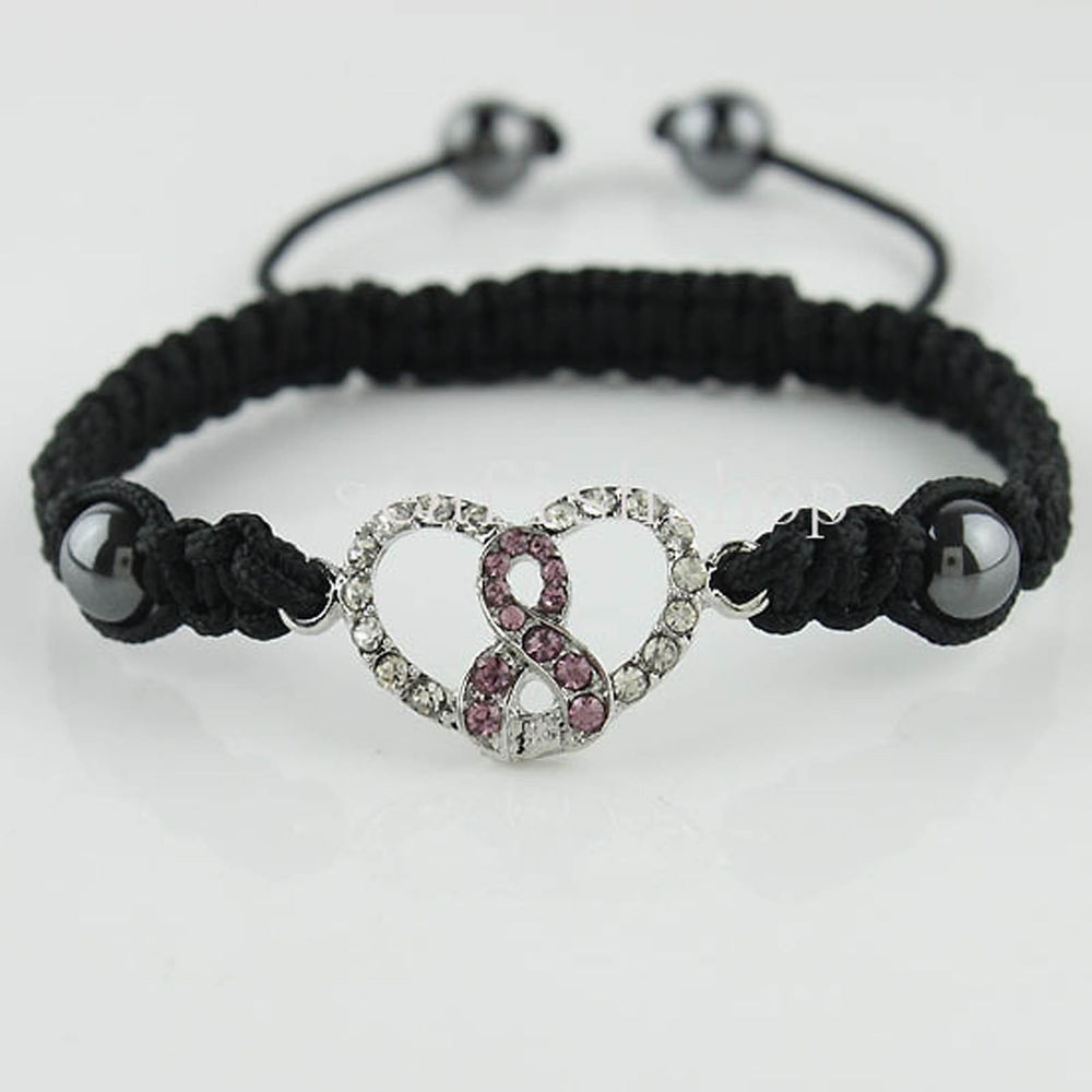 Adjustable Charm Bracelets
 Adjustable Shamballa Cord Pink Ribbon Heart Crystal Charm