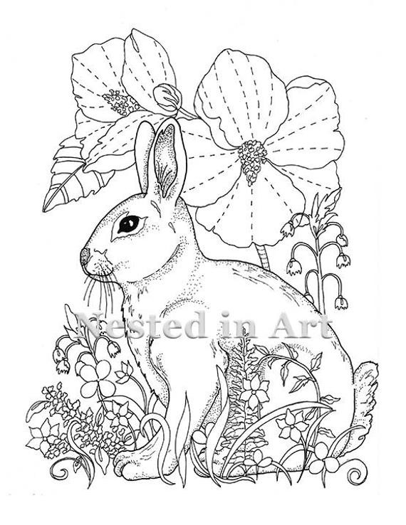 Adult Coloring Book Pages
 Adult Coloring Page Bunny and Hibiscus Digital Download