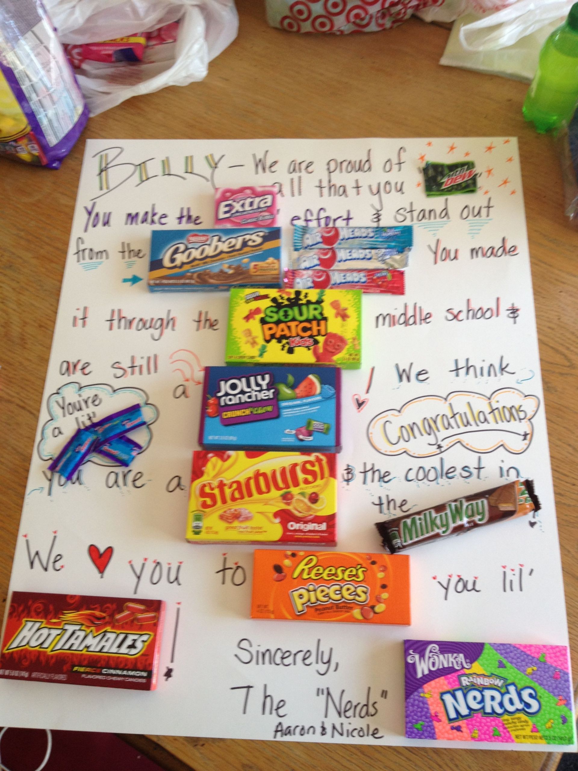 Adult Graduation Gift Ideas
 A candy card for a boy promoting graduating middle school