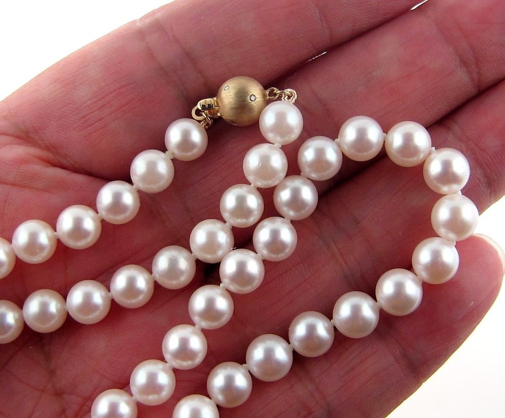 Akoya Pearl Necklace
 LARGE JAPANESE WHITE AKOYA PEARL NECKLACE SOLID 14K GOLD