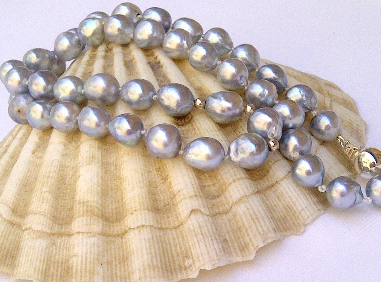 Akoya Pearl Necklace
 Pearl necklace Japanese Akoya pearls Silver blue by