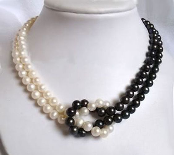 Akoya Pearl Necklace
 2Rows 7 8mm Black White Akoya Cultured Pearl Necklace