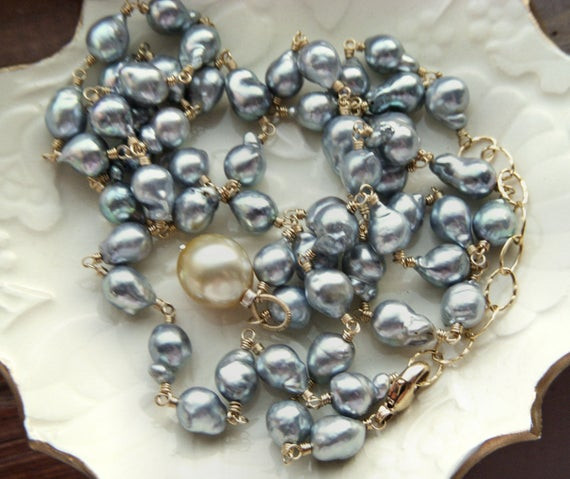 Akoya Pearl Necklace
 Zemphira Genuine Silver Blue Akoya Pearl by WilhelminaGrace