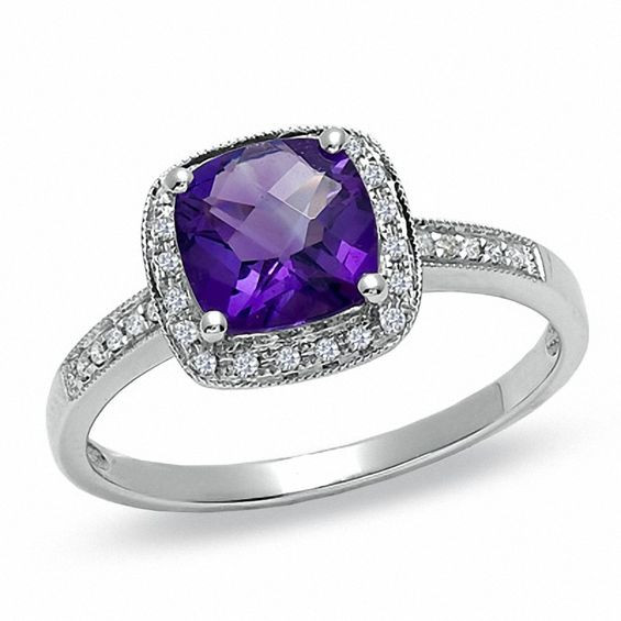 Amethyst Wedding Rings
 Cushion Cut Amethyst and Diamond Accent Engagement Ring in