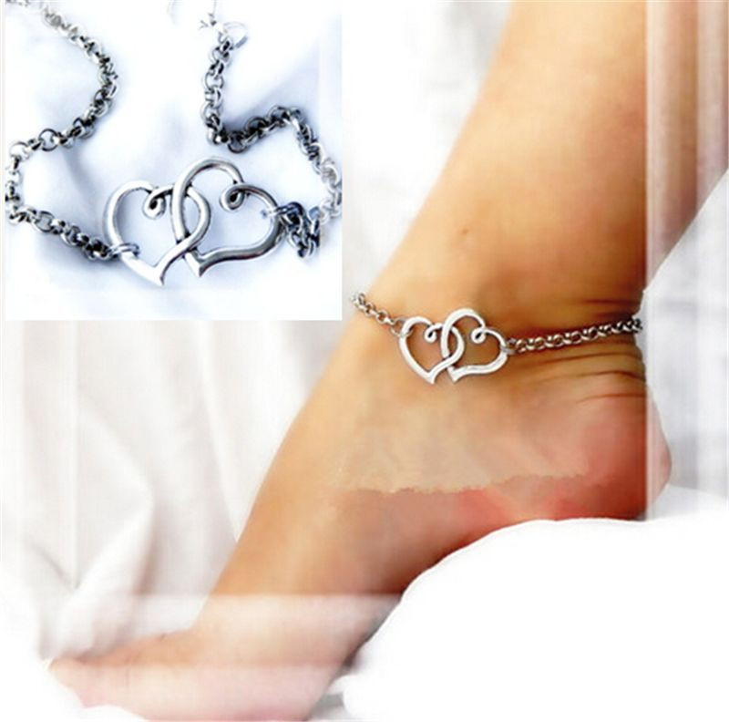 Anklet On Both Ankles
 Fashion Anklet Jewelry Double Heart Chain Beach y Girls