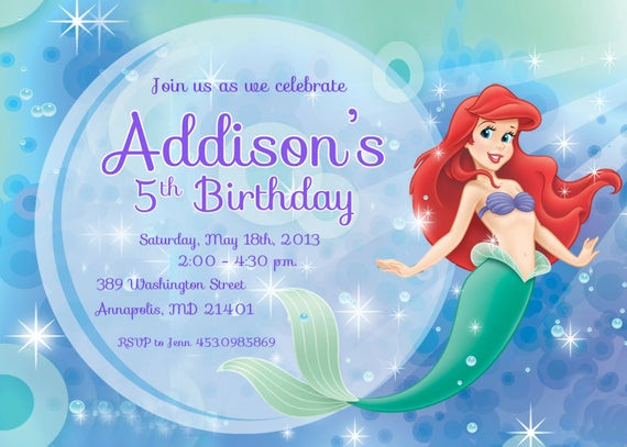 Ariel Birthday Invitations
 Little Mermaid Ariel Birthday Party Invitation Printable or