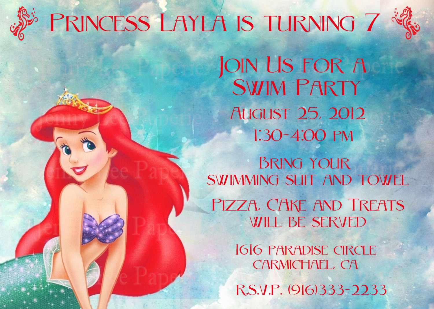 Ariel Birthday Invitations
 Items similar to Little Mermaid Birthday Invitation Ariel