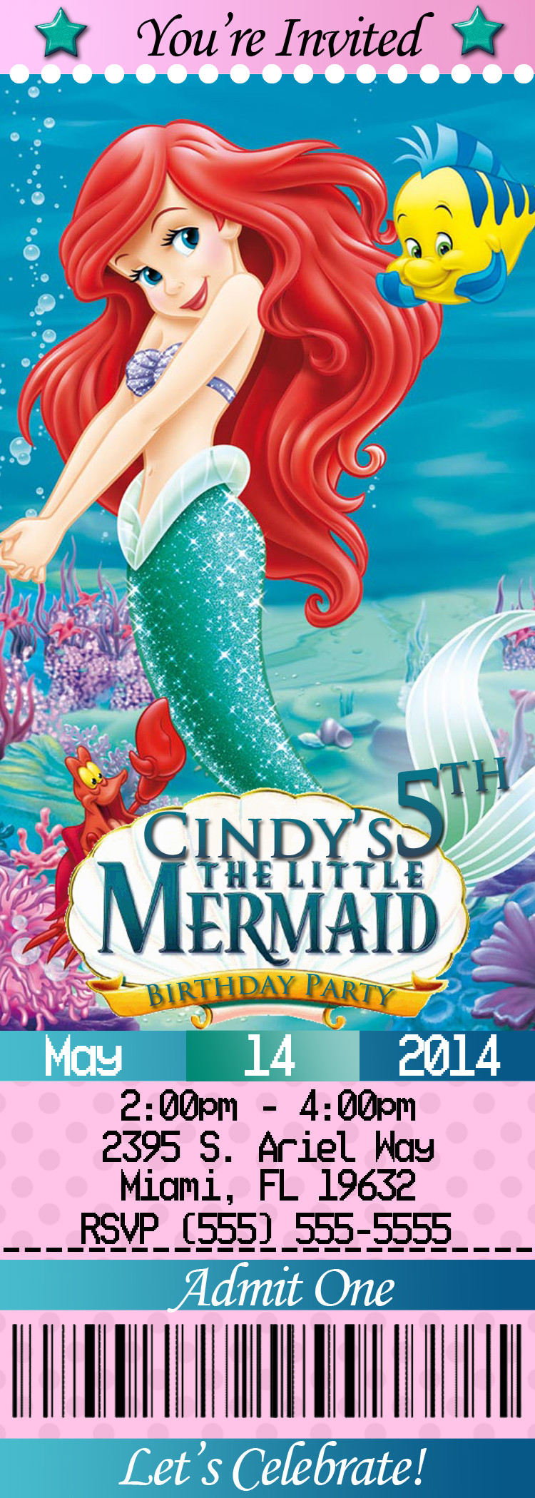Ariel Birthday Invitations
 Disney Princess Ariel Birthday Invitation