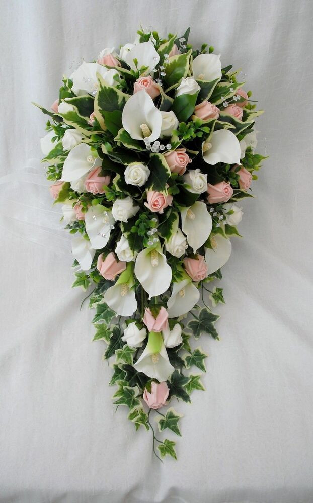 Artificial Wedding Flowers
 BRIDES TEARDROP BOUQUET CALA LILIES PEACH ROSES