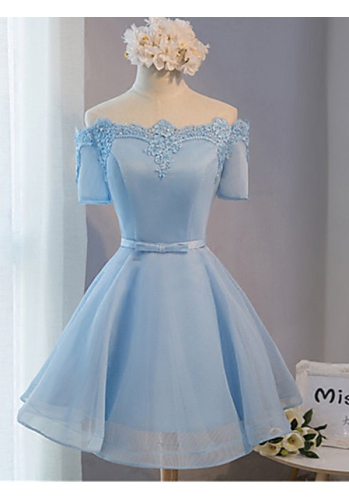 Baby Blue Party Dresses
 Elegant f The Shoulder Lace Satin Short Prom Dresses