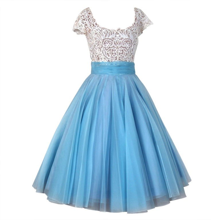 Baby Blue Party Dresses
 1950 s Samuel Winston Baby Blue Organza and White Lace