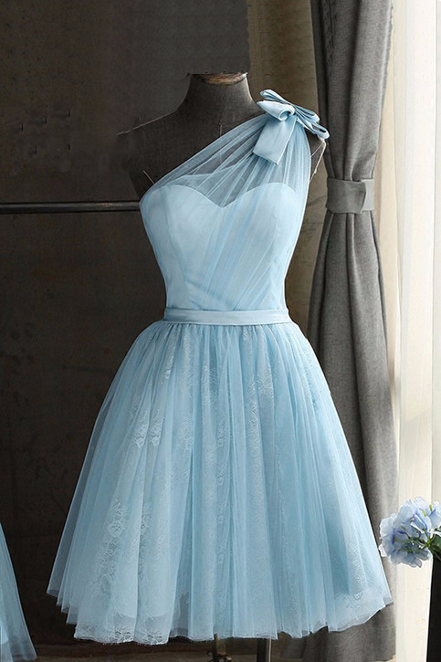 Baby Blue Party Dresses
 Baby blue tulle one shoulder short prom dress bowknot