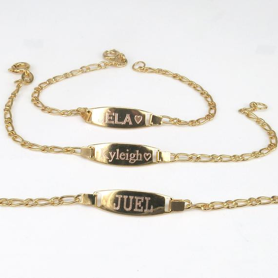 Baby Bracelets Gold
 Baby ID bracelet 14k Gold fill Custom engraved Bar nameplate