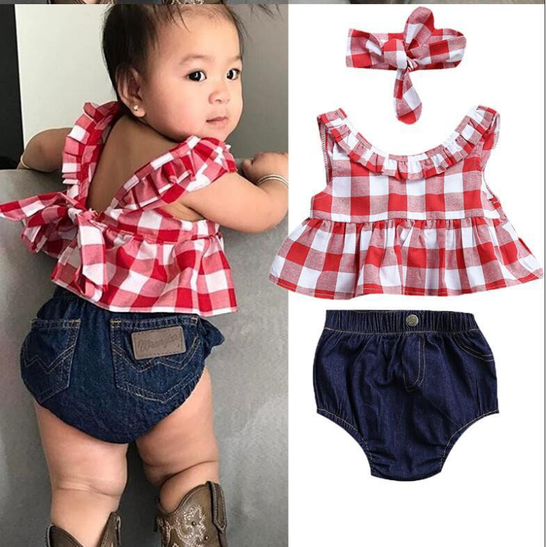 Baby Clothing Fashion
 2018 Summer baby girl clothing set Plaid Skirted T shirt