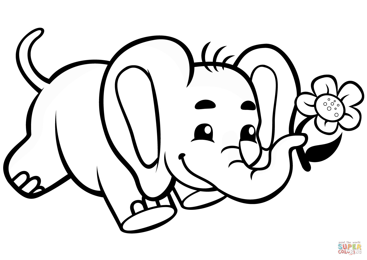 Baby Elephant Coloring Page
 Cute Baby Elephant with Flower coloring page