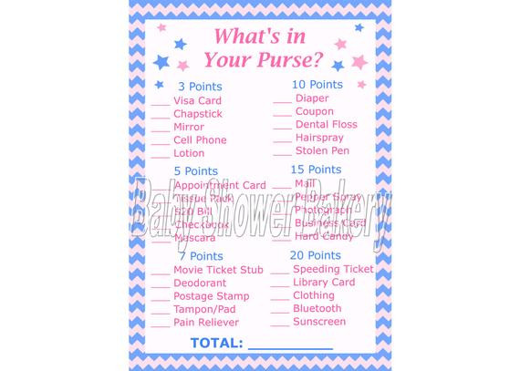 Baby Gender Reveal Party Games
 Gender Reveal Party Game What s in Your Purse Game