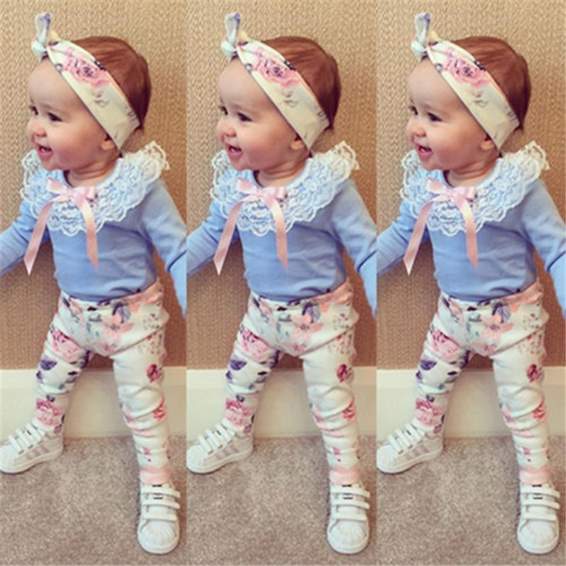 Baby Girl Fashion Clothes
 2016 autumn baby girl clothes 3pcs Headband T shirt Floral