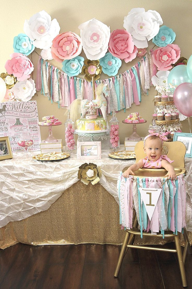 Baby Girl First Birthday Decorations
 A Pink & Gold Carousel 1st Birthday Party in 2019