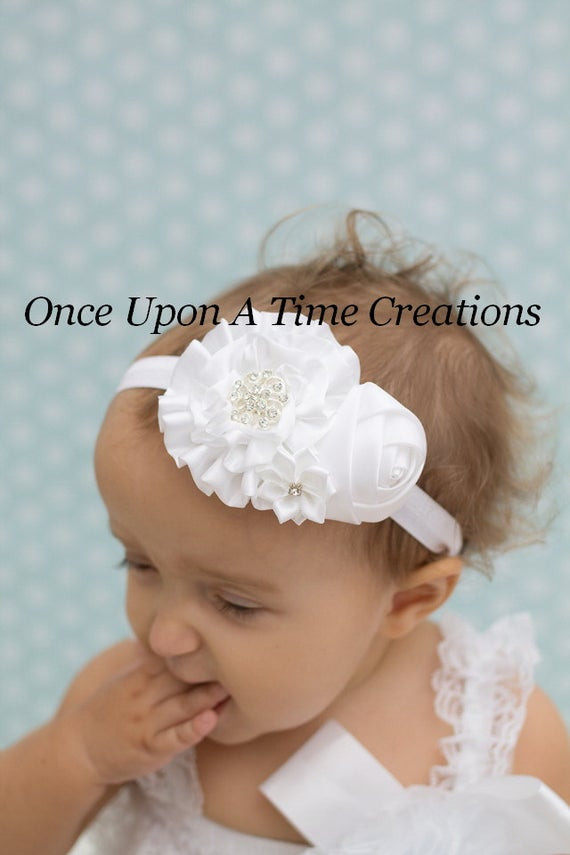 Baby Hair Piece
 Pure White Satin Headband Baby Girl Holiday Dressy Hair Bow