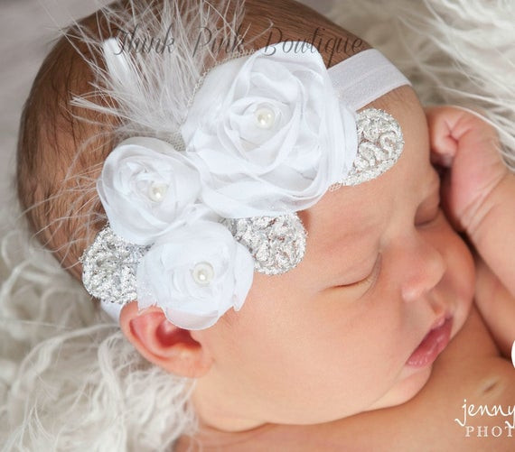 Baby Hair Piece
 White headbandPink Baby HeadbandChristening by ThinkPinkBows