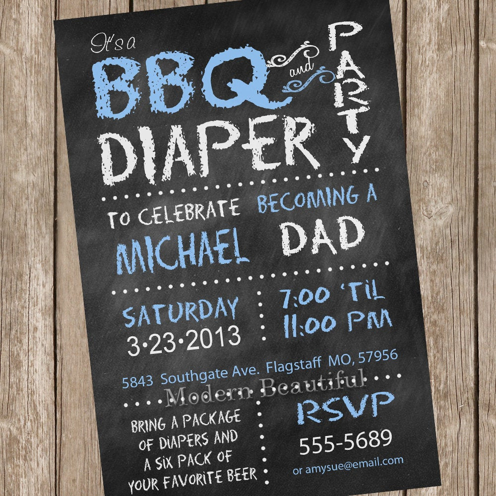 Baby Shower Diaper Party
 Chalkboard BBQ and diaper baby shower invitation blue dad