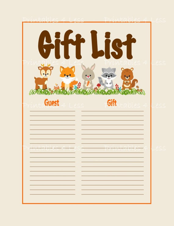 Baby Shower Gift List Printable
 Woodlands Gift List Printable Woodlands Baby Shower Gift