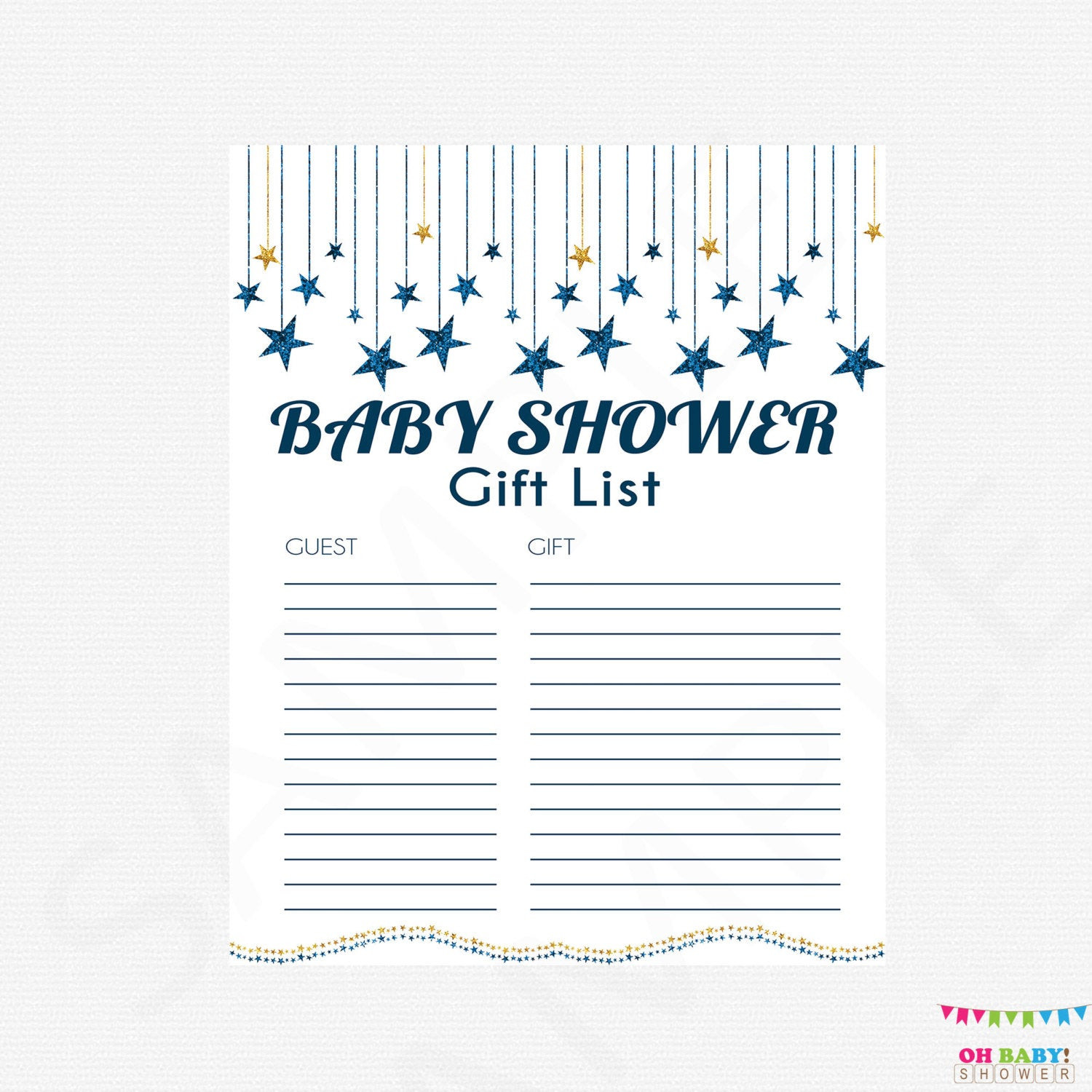 Baby Shower Gift List Printable
 Twinkle Dark Blue and Gold Baby Shower Gift List Printable