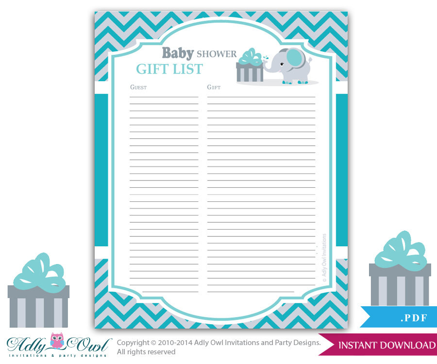 Baby Shower Gift List Printable
 Boy Elephant Guest Gift List Guest Sign in Sheet Card for