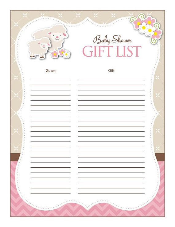 Baby Shower Gift List Printable
 Instant Download Little Lamb Theme Baby Shower Gift List