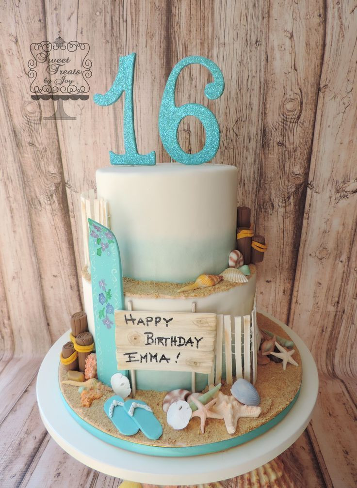 Beach Party Ideas For Sweet 16
 Beach cake for Sweet 16 birthday Surfboard shells and