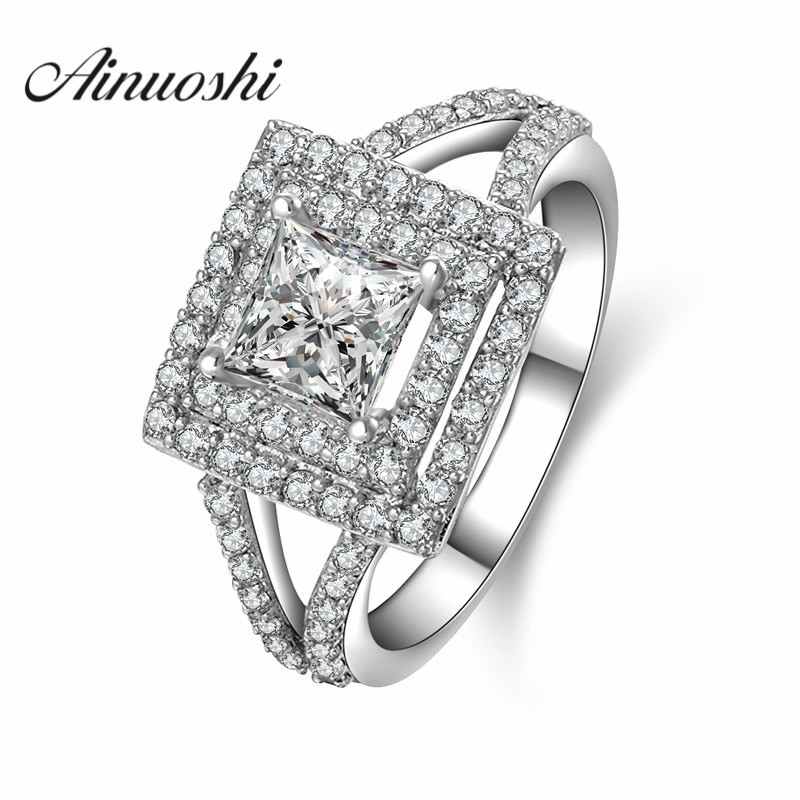 Big Princess Cut Engagement Rings
 AINUOSHI Big Luxury Wedding Halo Ring 1 Carat Princess Cut