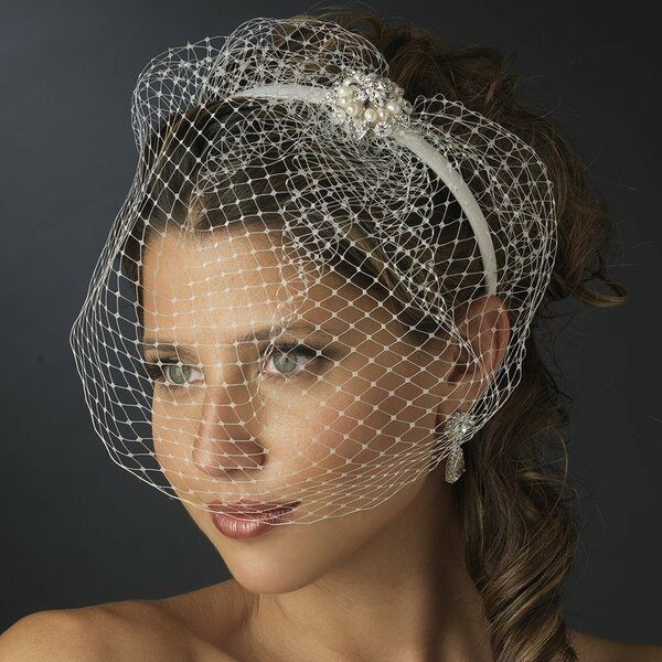 Birdcage Wedding Veils And Headpieces
 Ivory Wedding Headband with Birdcage Bridal Veil and Pearl