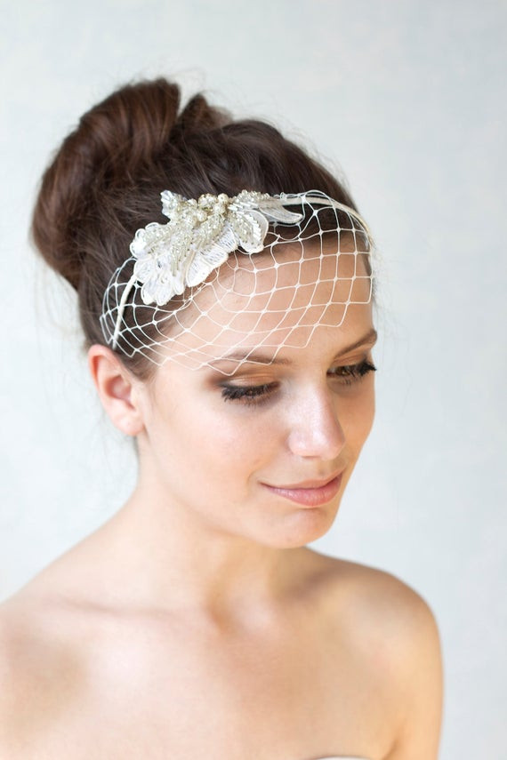 Birdcage Wedding Veils And Headpieces
 Bridal ivory birdcage veil with Swarovski crystal beads