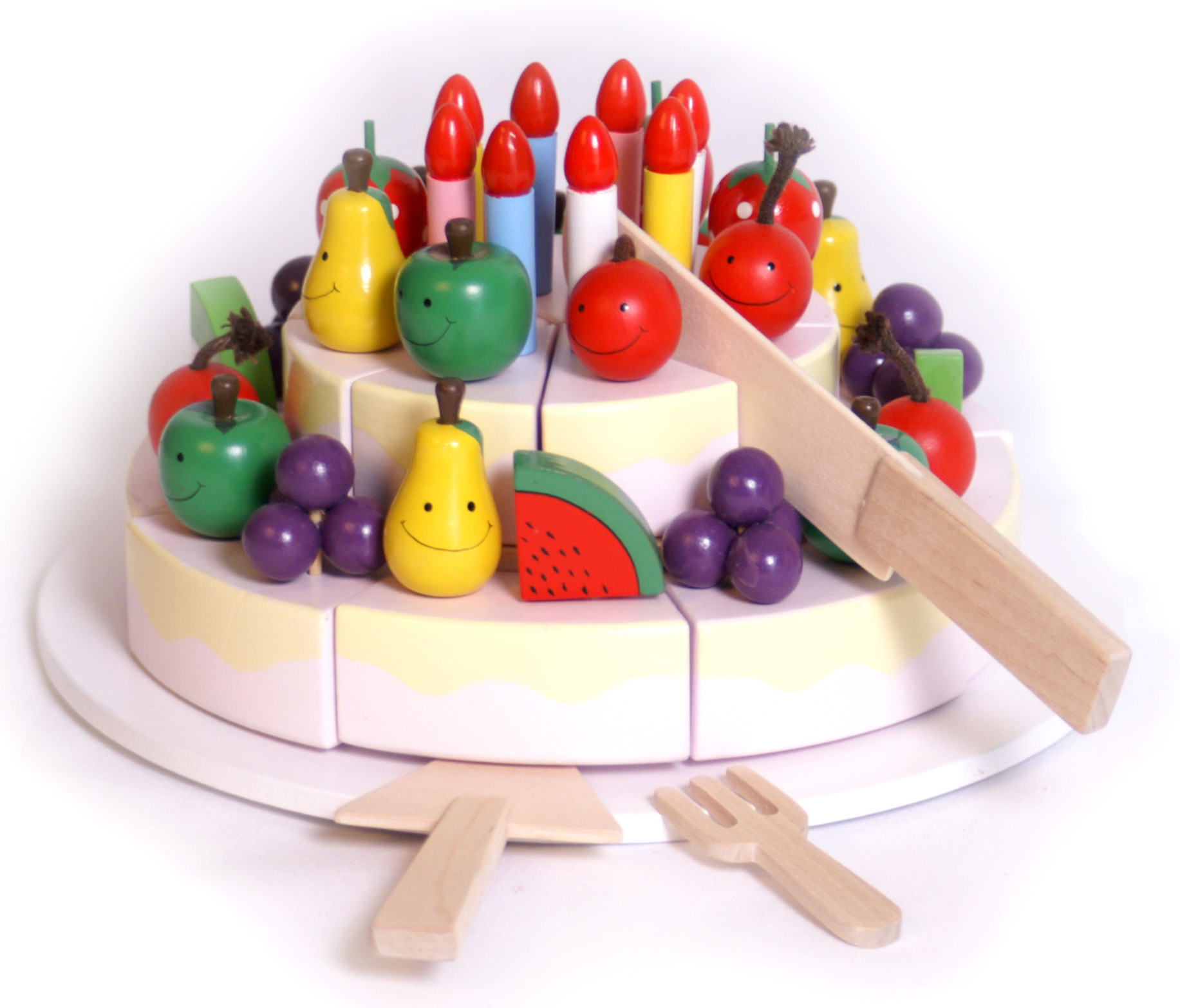 Birthday Cake Toy
 Wooden Happy Birthday cake toy with platter Knife Fork and