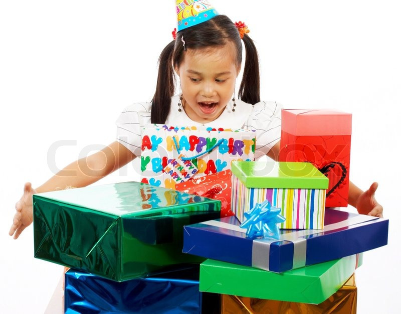 Birthday Gift For Child
 Happy Girl Her Birthday Excited By Receiving Lots