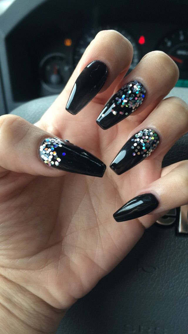 Black Acrylic Nails With Glitter
 Coffin nails Black with Glitter nails coffin