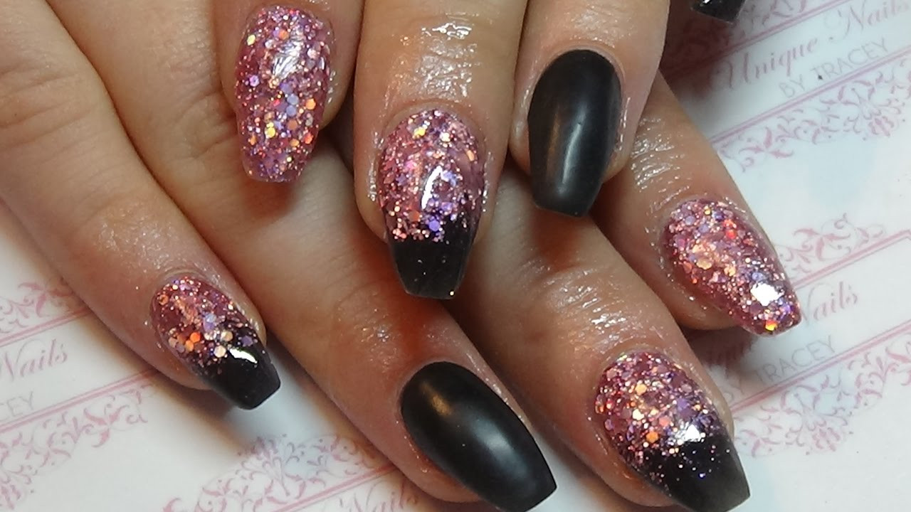 Black Acrylic Nails With Glitter
 Black with pink holographic glitter acrylic nails